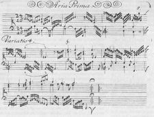 A page from the original printed edition of Hexachordum Apollinis, showing the fourth variation of the first aria.