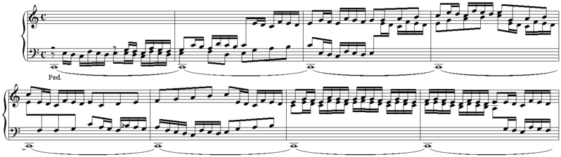 Opening bars of Toccata in C major. Two-voice motivic interplay, based on the melody introduced in the first bar, is reduced to consecutive thirds in the last two bars. The piece continues in a similar manner, with basic motivic interaction in two voices and occasional consecutive thirds or fifths.