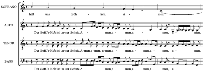 An excerpt from the ending of motet Gott ist unser Zuversicht (bars 92-95). These are the first choir's parts, the notes and lines for the second choir are the same.