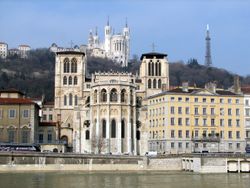 Three of the main sights in Lyon, the Cathedral St-Jean, the Basilica Notre Dame de Fourvière, and the Tour métallique de Fourvière.