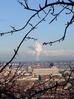 A photograph from Fourvière showing the nuclear powerstation of the Bugey (Ain) in the distance, 30 km away.