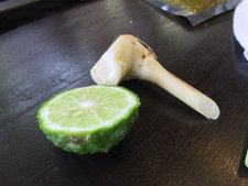 Kaffir lime (left), used in Southeast asian cooking, with galangal root.