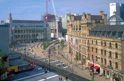 Manchester's Exchange Square undergoing extensive regeneration.