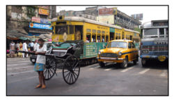 Two unique modes of Kolkata transport: the tram (reducing in number and losing popularity), and the rickshaw.