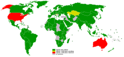 Participation in the Kyoto Protocol, where dark green indicates countries that have signed and ratified the treaty and yellow indicates states that have signed and hope to ratify the treaty. Notably, Australia and the United States have signed but, currently, refuse to ratify it.