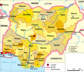 Map of Nigeria showing the location of Lagos in the lower southwest corner of Nigeria.