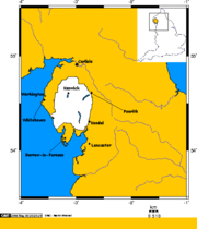 The location of the Lake District, shown in white, within Northern England