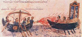Image from an illuminated manuscript showing a Byzantine warship equipped with Greek Fire