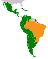 Romance languages in Latin America: Green-Spanish; Blue-French; Orange-Portuguese