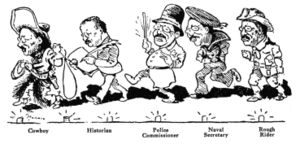 1910 cartoon shows Roosevelt's multiple roles to 1898