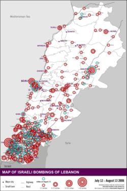 Areas in Lebanon targeted by Israeli bombing, 12 July to 13 August 2006.