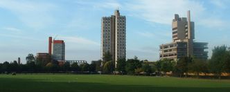 University of Leicester seen from Victoria Park - Left to right: the Department of Engineering, the Attenborough tower, the Charles Wilson building.