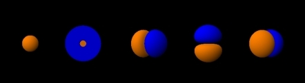 The five atomic orbitals of a neon atom, separated and arranged in order of increasing energy.  Each orbital holds up to two electrons, which exist for most of the time in the zones represented by the bubbles.