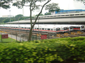 Trains parked at the bay of the Ulu Pandan MRT Depot