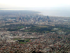 Aerial view of Melbourne city and surrounds looking south towards Port Phillip Bay