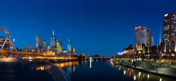 A view of the Yarra River at twilight, with the northern area of Melbourne's central business district (left) and Southbank (right) pictured