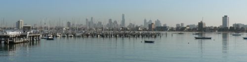 Looking north over Port Phillip Bay toward Albert Park and the Melbourne skyline from St Kilda Pier