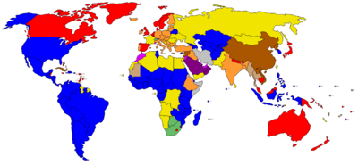 States by their systems of government as of April 2006.██ presidential republics, full presidential system ██ presidential republics, executive presidency linked to a parliament ██ presidential republics, semi-presidential system ██ parliamentary republics ██ parliamentary constitutional monarchies in which the monarch does not personally exercise power ██ constitutional monarchies in which the monarch personally exercises power, often alongside a weak parliament ██ absolute monarchies ██ states whose constitutions grant only a single party the right to govern ██ military dictatorships