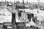 A contemporary drawing showing Old London Bridge in 1616