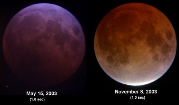 Lunar eclipses in 2003Two total lunar eclipses occurred in 2003.  The eclipse on May 15 grazed the northern edge of the earth's shadow, and the eclipse on November 8 grazed the southern edge.  These images show the eclipse in November was much brighter as the bottom rim of the Moon did not darken as much after completely entering the umbra.  The color and brightness of the Moon during an eclipse varies according to the amount of light refracted by the Earth's atmosphere.