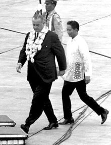 October 23, 1966: Presidents Ferdinand Marcos and Lyndon Johnson during arrival ceremonies at the Manila International Airport