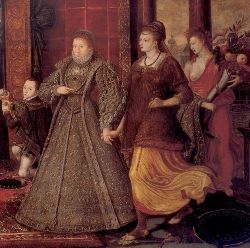 Elizabeth ushers in Peace and Plenty.  Detail from The Family of Henry VIII: An Allegory of the Tudor Succession, c. 1572, attributed to Lucas de Heere.