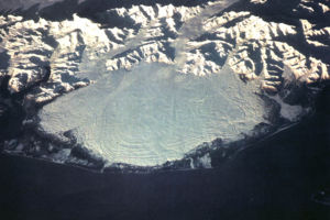 The Malaspina Glacier is so large that it can only seen in its entirety from space; this 1994 photo from STS-66, on a rare clear day, is of an area about 100 km (60 miles) across.