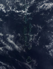 Satellite Image of the Maldives by NASA. Note that the southern most Atoll of the Maldives, Addu Atoll, is not visible on the image