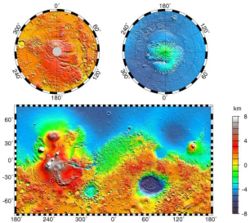 Topographic map of Mars. Notable features include the Tharsis volcanoes in the west (including Olympus Mons), Valles Marineris to the east of Tharsis, and Hellas Basin in the southern hemisphere.