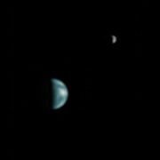 Earth and Moon from Mars, imaged by Mars Global Surveyor. South America is visible.
