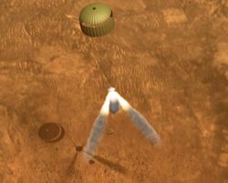 Descent is halted by retrorockets and lander is dropped 10m (30 feet) to the surface.