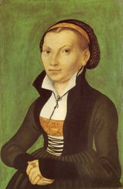 Portrait of Katharina von Bora, wife of Martin Luther, by Lucas Cranach the Elder. 1526. Oil on panel. Warburg-Stiftung, Eisenach, Germany.