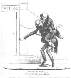 1832 Whig cartoon shows Jackson carrying Van Buren into office