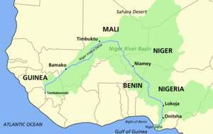 Map of Niger River with Niger River basin in green. Note how it starts in Guinea, then curves inland and finally reaches the ocean in Nigeria
