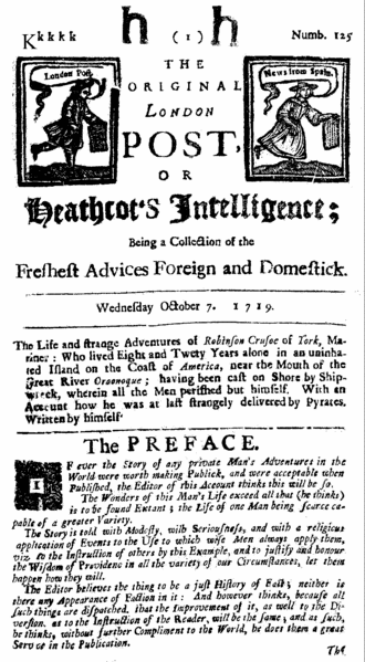 Daniel Defoe's Robinson Crusoe; title page of 1719 newspaper edition