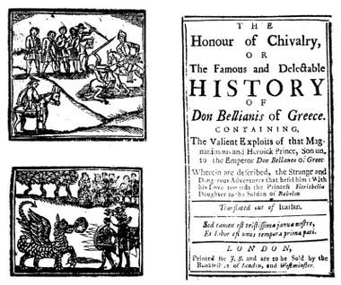 The cheap design of chapbooks: The Honour of Chivalry, first published in 1598; title page of an early eighteenth century edition