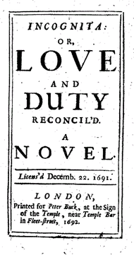 The [...], or [...] formula promising an example; here, William Congreve's Incognita (1692) promising a reconciliation of love and duty