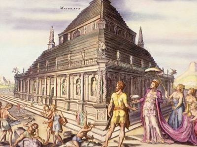 A fanciful interpretation of the Mausoleum of Maussollos, from a 1572 engraving by Martin Heemskerck (1498–1574), who based his reconstruction on descriptions