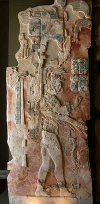 A stucco relief in the Palenque museum, Palenque, Chiapas, Mexico.