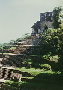 Maya temple with intricate roof comb and corbeled arch