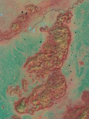 False-color IKONOS image of a bajo (lowland area) in Guatemala. The forest covering sites of Mayan ruins appears yellowish, as opposed to the red color of surrounding forest. The more sparsely vegetated bajos appear blue-green.