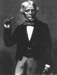 Michael Faraday holding a glass bar, detail of engraving by Henry Adlard, based on an earlier photograph by Maull & Polyblank c 1857.
