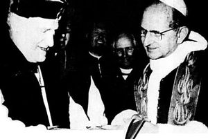 Archbishop Ramsey (left) meets Pope Paul VI. During his visit to Rome the Pope presented him with the episcopal (bishop's) ring he had worn as Archbishop of Milan[1].
