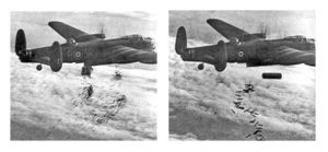 The Lancaster I NG128 dropping its load over Duisburg on Oct 14, 1944.  The aircraft is carrying Airborne Cigar (ABC) radio jamming equipment, as shown by the two vertical aerials on the fuselage.