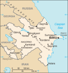 A map of Azerbaijan showing the location of its cities and regions.