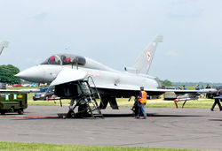 A BAE–assembled Eurofighter Typhoon T1. BAE is a partner in Eurofighter Jagdflugzeug GmbH, the multinational company that coordinates the design, production and upgrade of the aircraft.