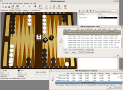 A screen shot of GNU Backgammon, showing an evaluation and rollout of possible moves.