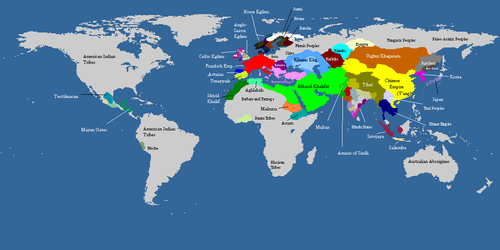 Map of the world civilizations, c. 820 (Old World unaware of the New World's existence, and vice versa)