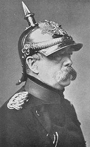 Otto von Bismarck, wearing a pickelhaube, became Chancellor of Germany in 1871.