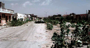 A long shot of the abandoned Mogadishu Street known as the "Green Line".  The street is the dividing line between North and South Mogadishu, and the warring clans. Members of the clans (not shown) tore down the roadblocks along the line in a show of unity.